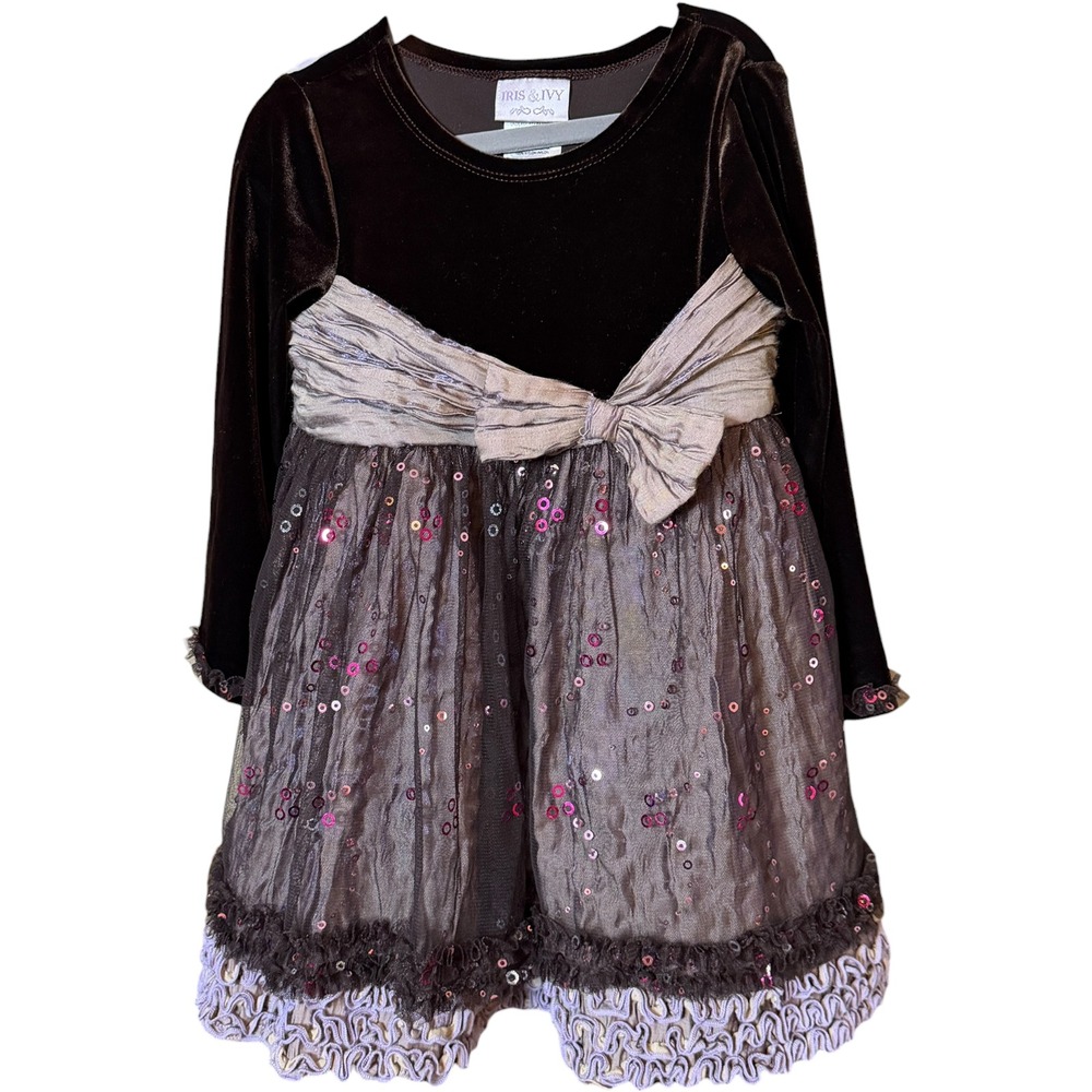 Iris & Ivy Velvet Sequin Dress Girls 4‎ Silver Holiday Party Bow Long Sleeve